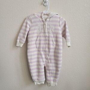 Baby GAP Lavender & Cream Striped Full Zip Fleecy One Piece W Hood 6/12 Months